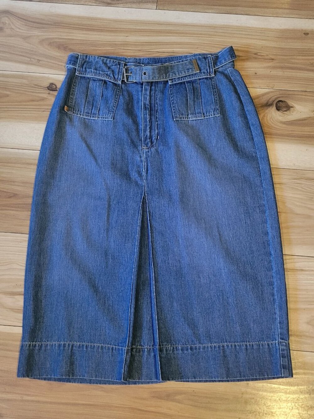 Vintage Liz Claiborne Denim Midi Skirt High Waisted Belted Inverted Pleat Size10